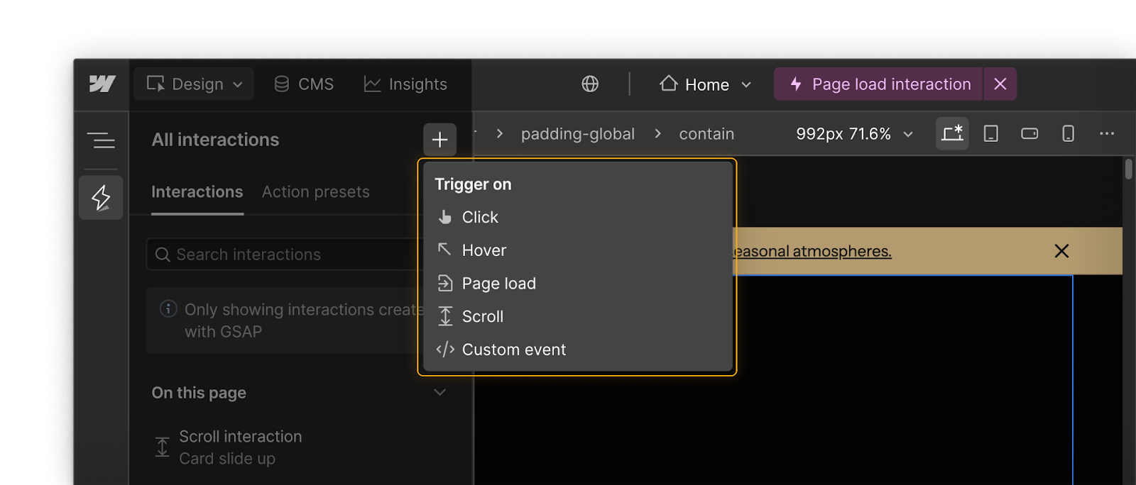 Trigger settings in Webflow showing trigger options Click, Hover, Page load, Scroll, and Custom event.
