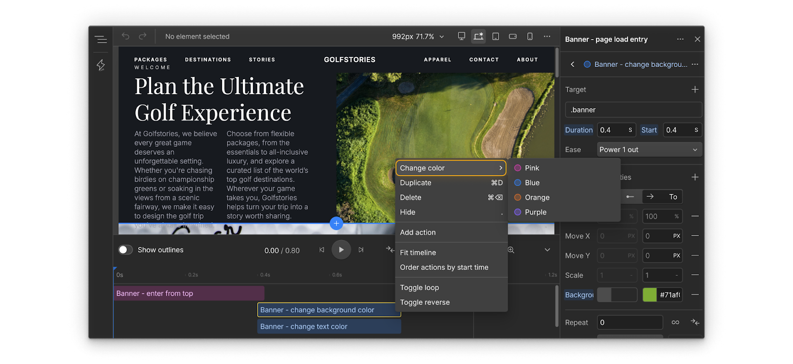 A page load animation with an action called “Banner - change background color” and the option to change its color in the timeline.