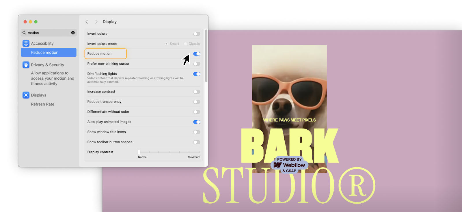 View of Mac system settings showing Reduce Motion toggled on atop a website preview.