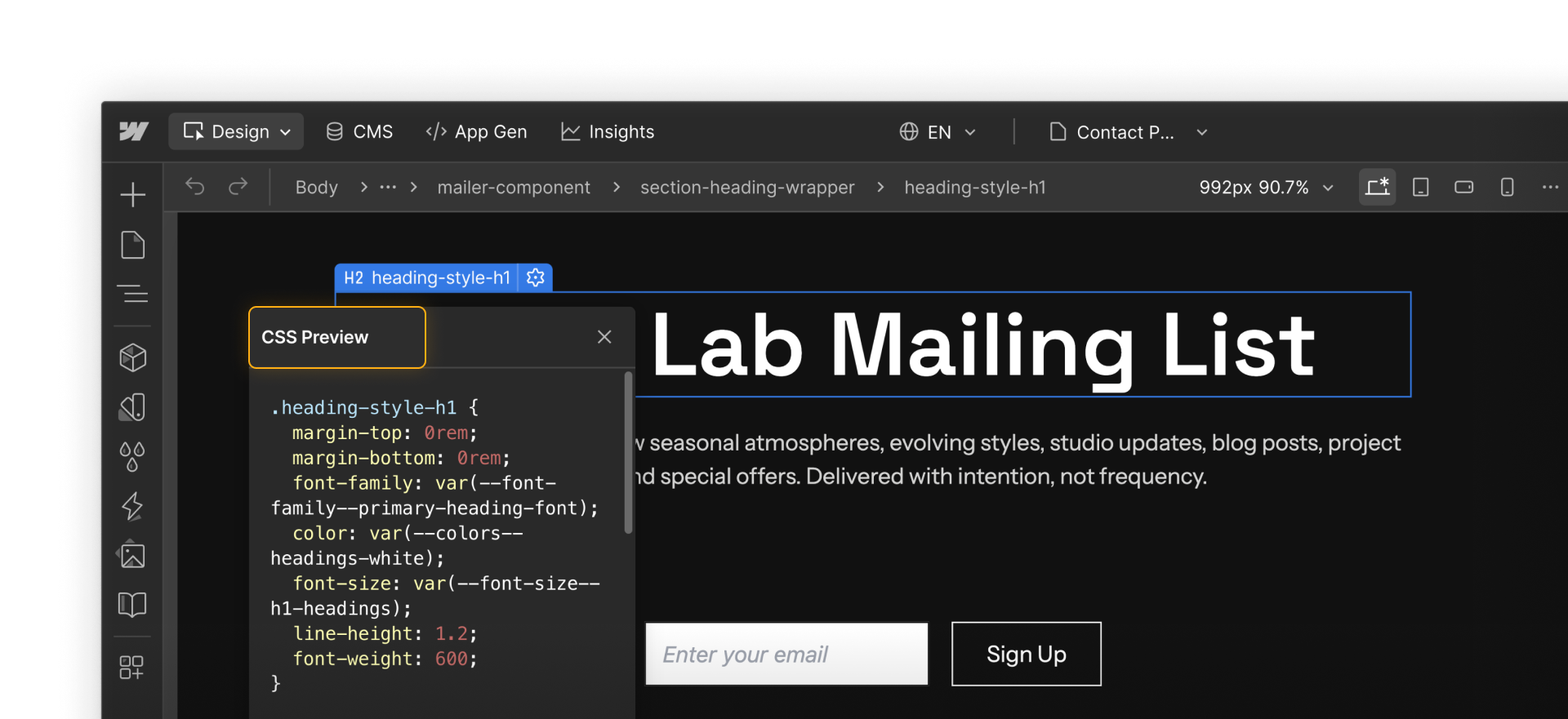 Webflow canvas showing a styled section selected, with the built-in CSS preview displaying generated styles that update automatically.