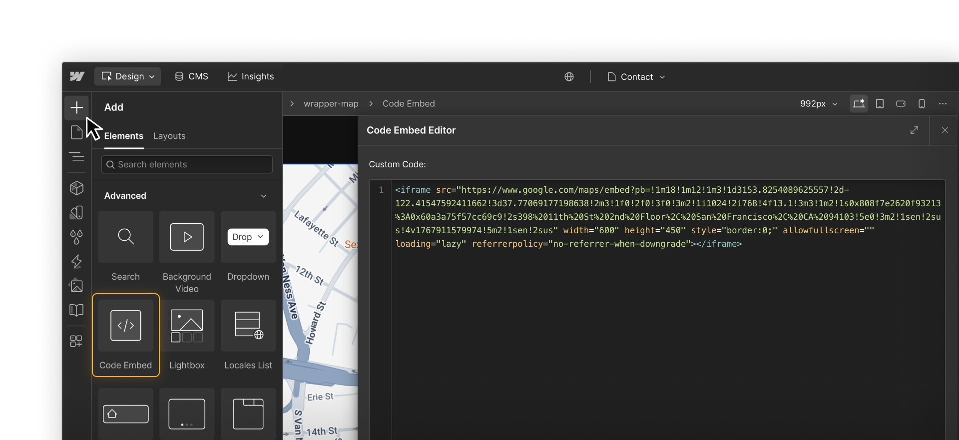 The Code Embed element highlighted in the Add panel and opened on the Webflow canvas.