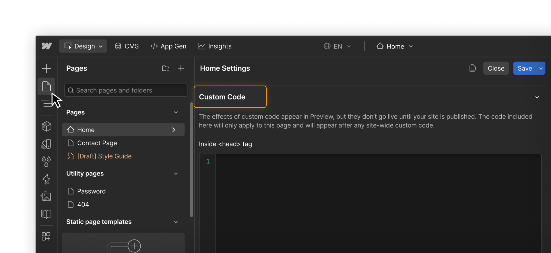 Webflow Page settings showing page-level custom code fields.