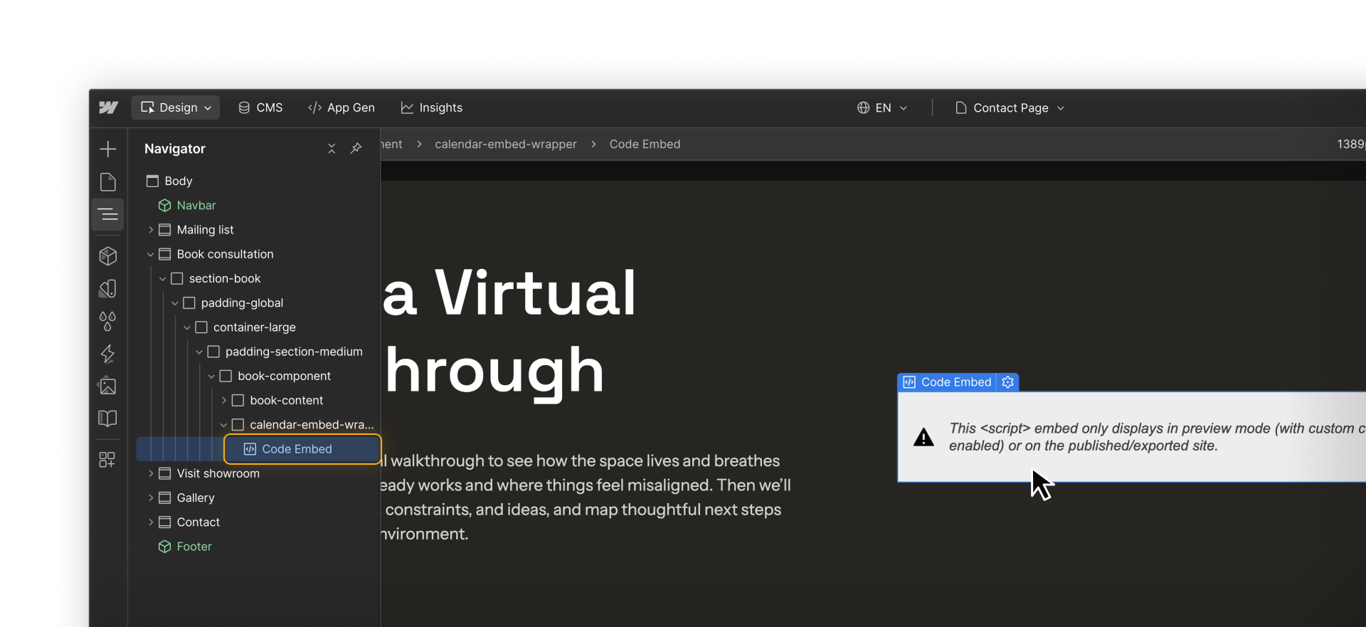 A Code Embed element placed inside a layout and visible in the Navigator panel.