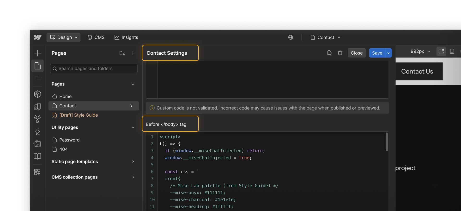A code snippet shown inside the Before </body> tag field within Webflow Page settings.