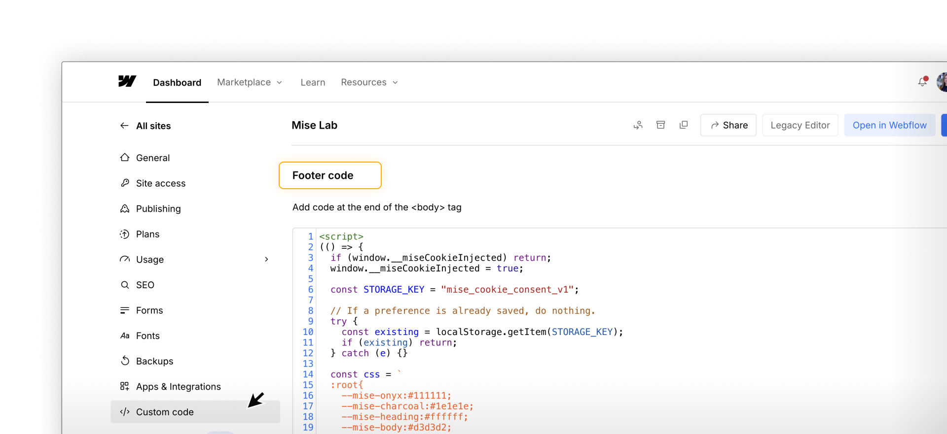 A code snippet shown inside the Footer field within Webflow Site settings.