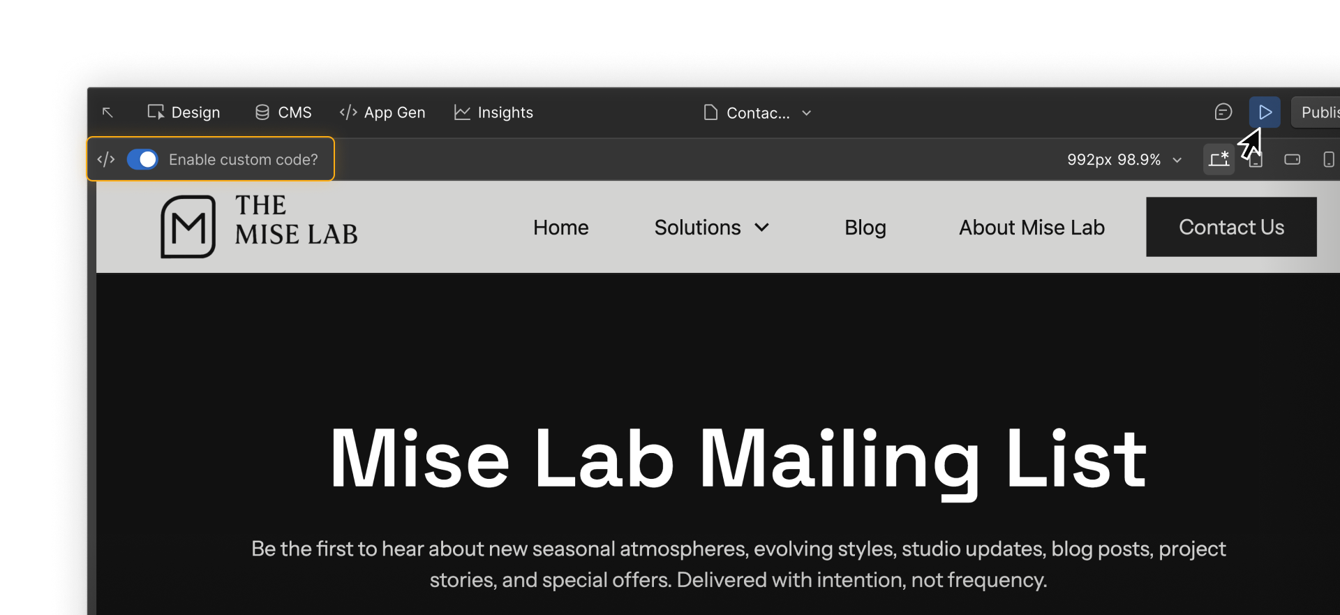 Enable custom code toggle turned on in Webflow’s Preview mode.