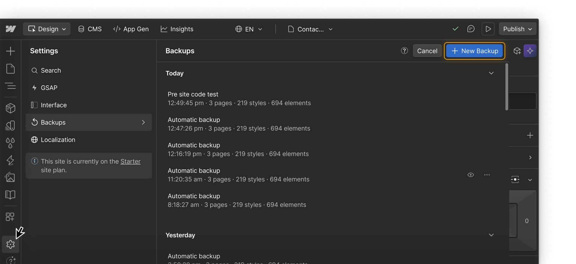 Webflow version Backups panel showing previous versions available for restore.