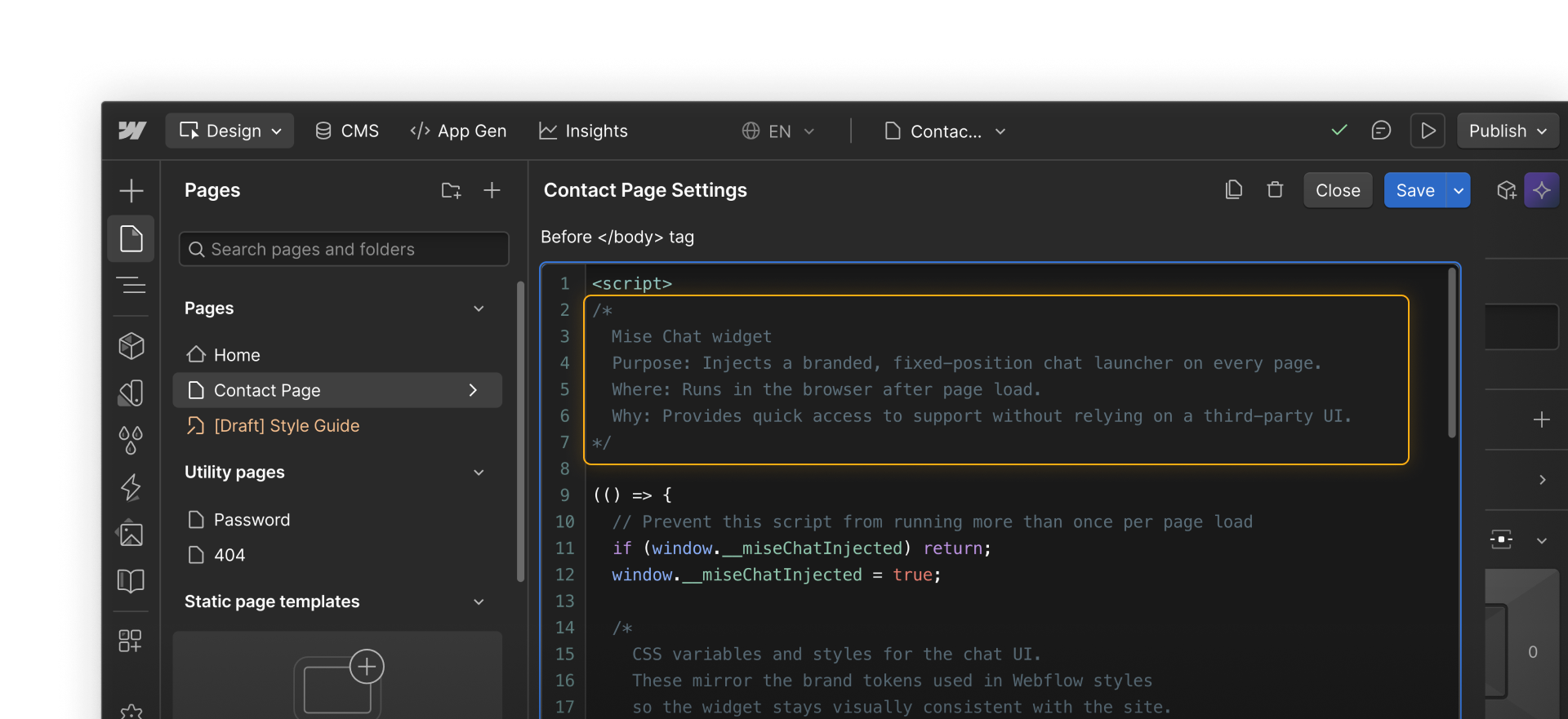 Custom code snippet with comments explaining its purpose.