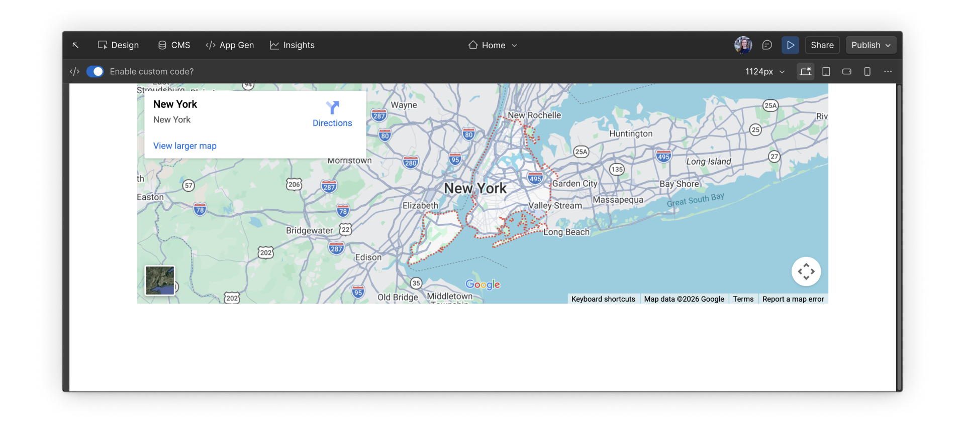 Google Map embedded directly into a Webflow page using a Code Embed element.