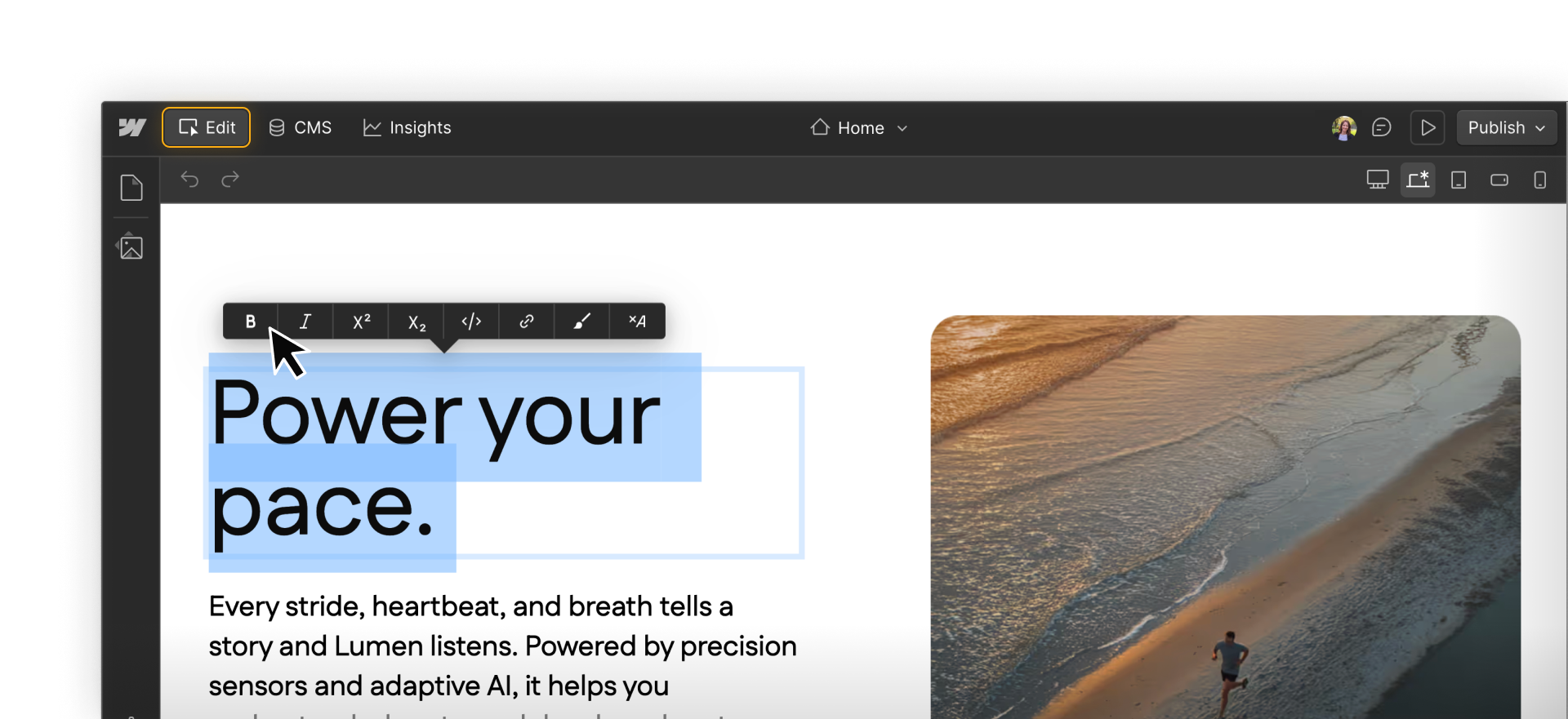 Webflow UI showing selected headline text with the inline text formatting toolbar for bold and styling edits.