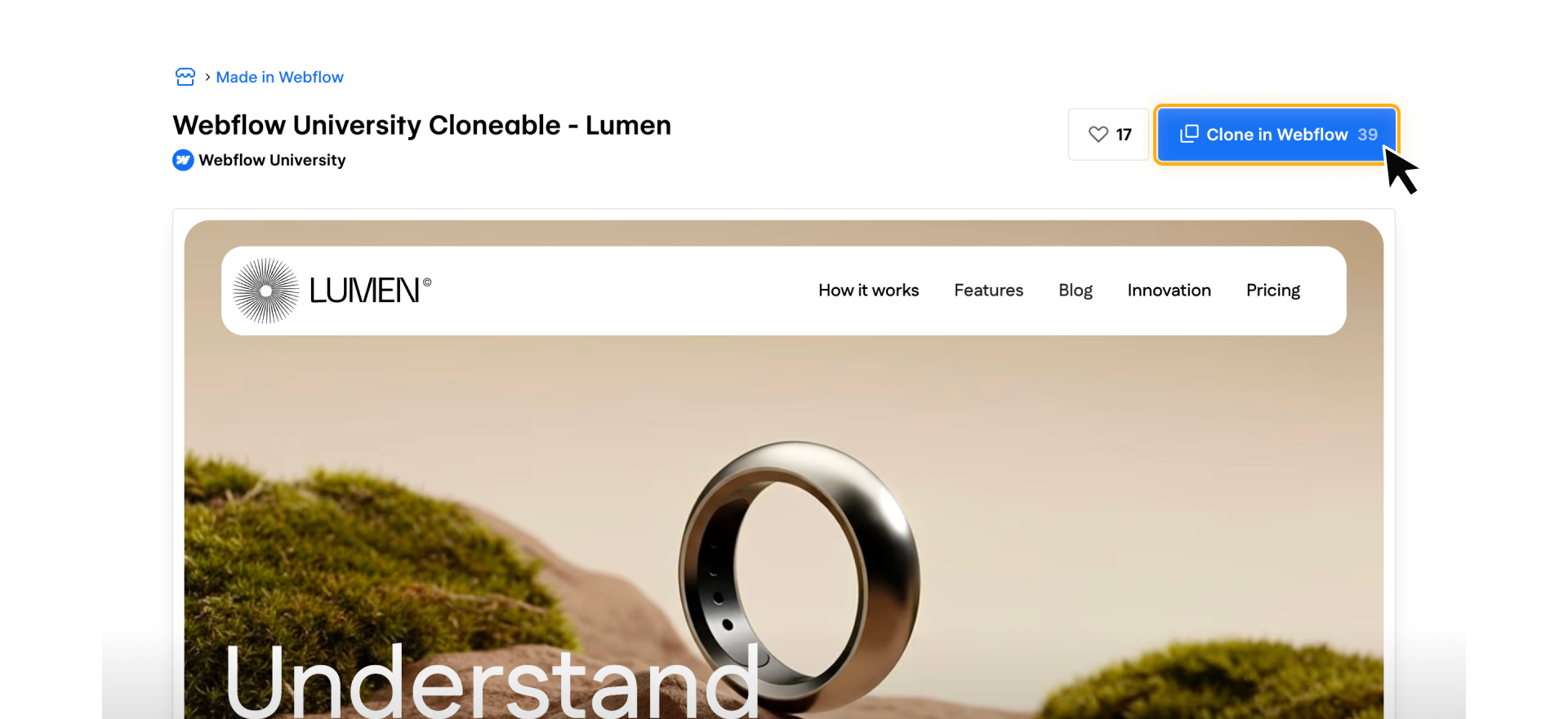 Webflow cloneable page with the ‘Clone in Webflow’ button highlighted to copy a project into your workspace.