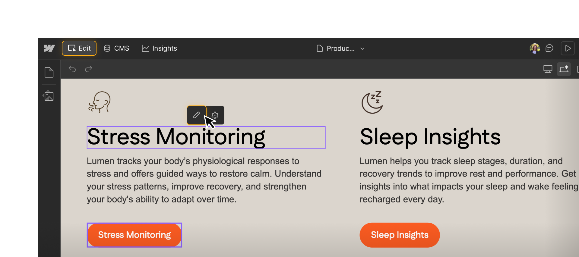 Webflow interface showing a feature heading selected with inline edit and settings controls for updating content.