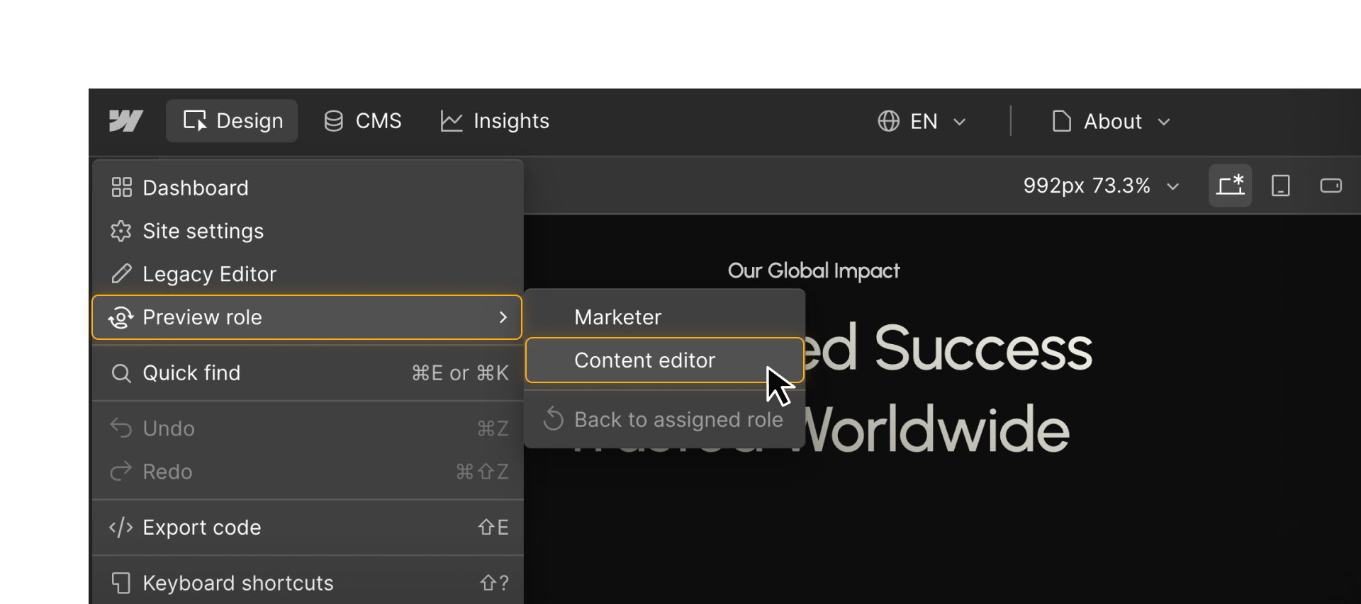 Webflow menu showing Preview role options with Content editor selected to preview editing permissions.