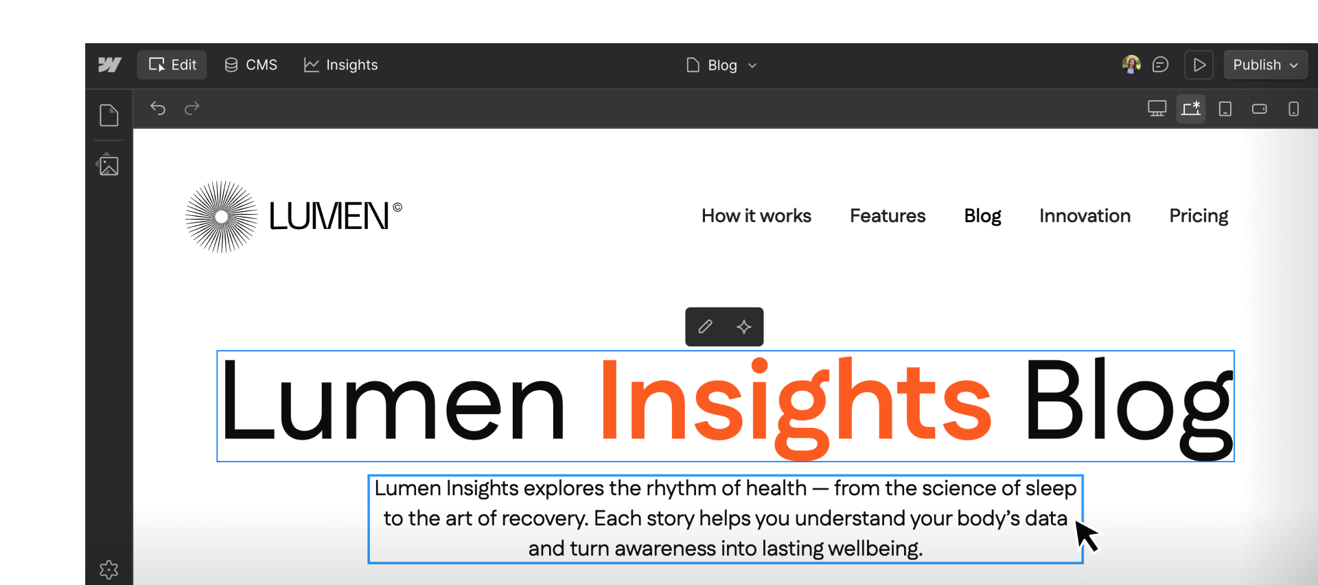 Webflow interface showing a blog page title and intro text selected for inline content editing.