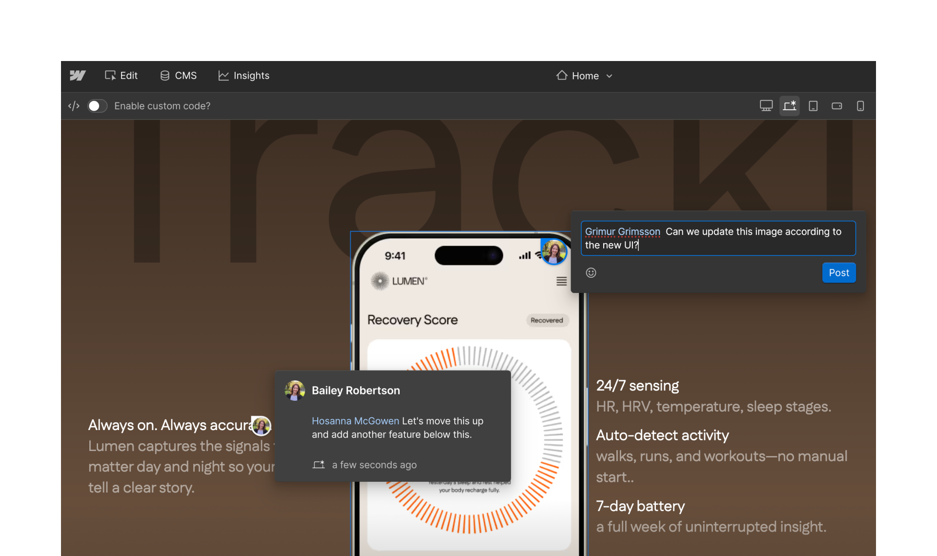 Webflow interface showing commenting mode with team comments added directly on page elements for feedback.