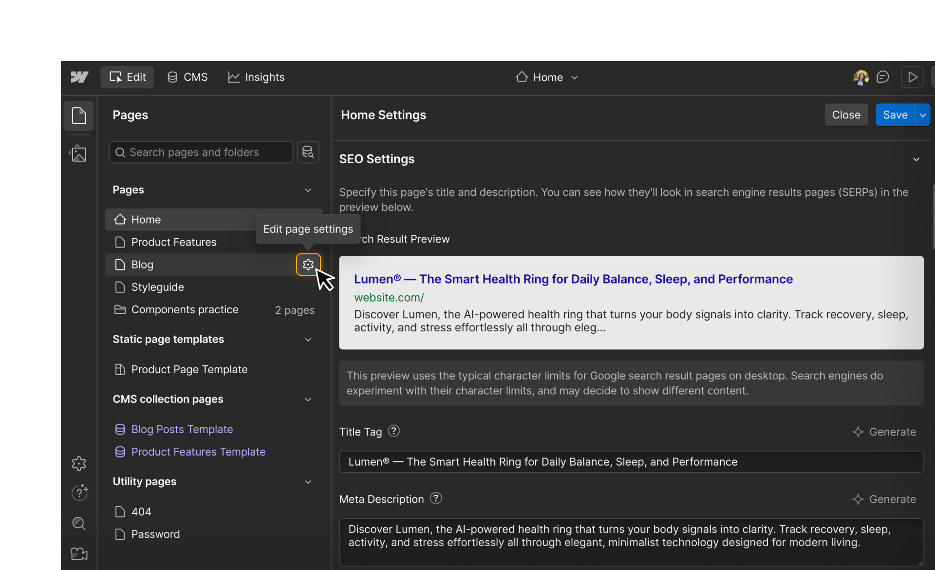 Webflow interface showing page settings open to SEO options with search result preview for a selected page.