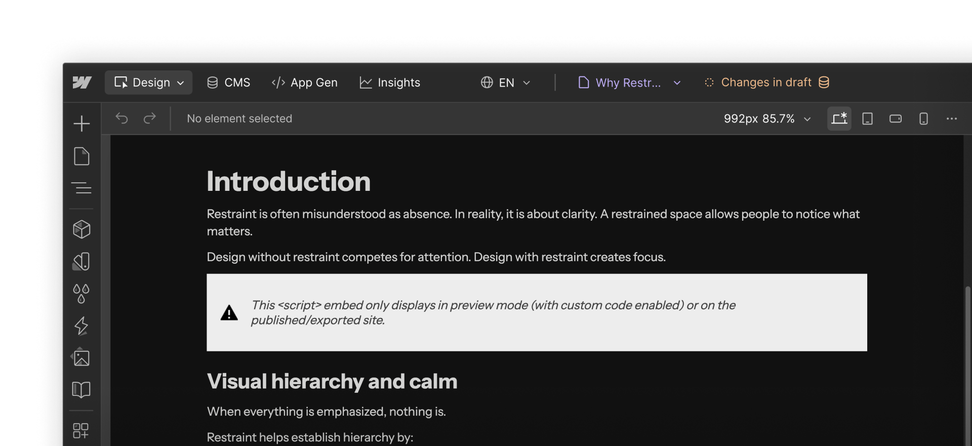 CMS rich text editor showing an HTML embed placed inline between text content.