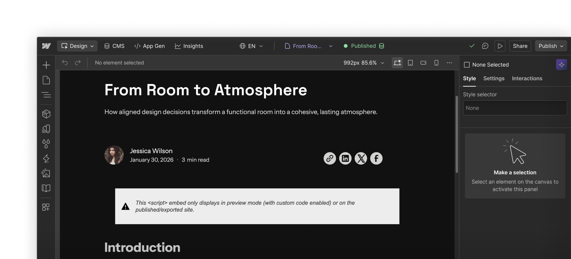 Collection Page template with a Code Embed element connected to a CMS field in Webflow.