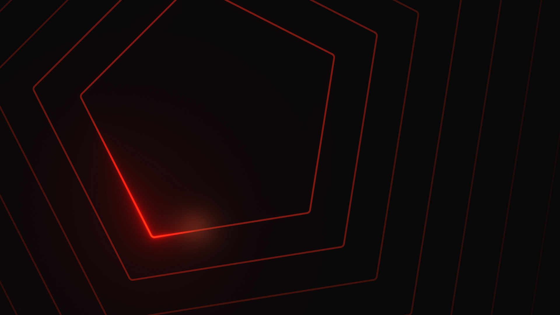 Abstract dark illustration with glowing red hexagonal concentric lines forming a geometric pattern from the center.