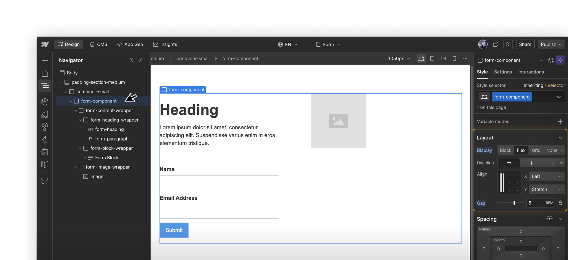 Webflow canvas showing a form in a parent div with basic flex layout applied, before any colors or typography styling is added.