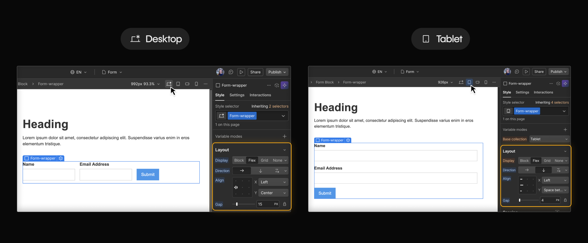 Webflow canvas showing the same form at desktop and mobile breakpoints, with fields side by side on desktop and stacked vertically on mobile.