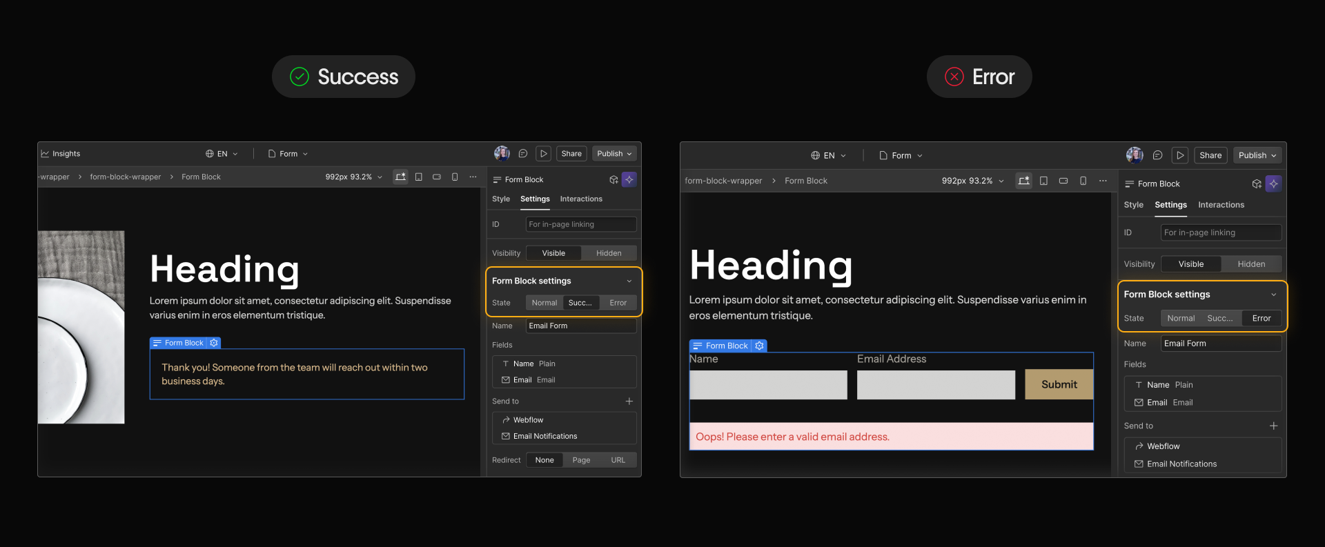 A Webflow form’s styled success and error states shown side-by-side.