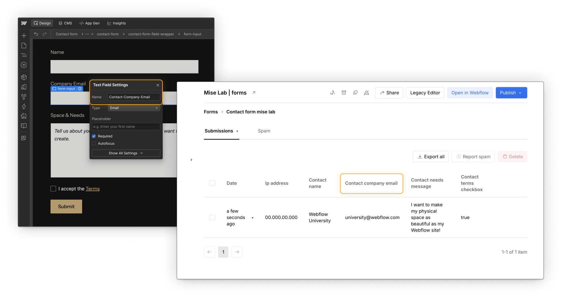 Webflow canvas showing a form field with a visible label on the page and the same field selected in settings, highlighting the internal field name.