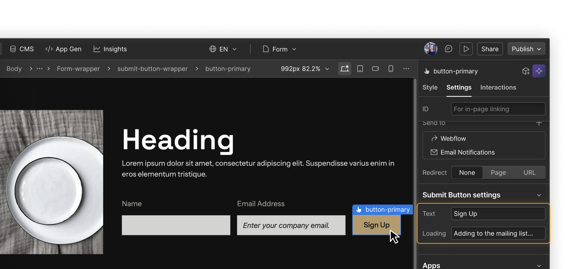 A submit button’s settings showing button text of ‘Sign Up’ and loading text of ‘Adding to the mailing list…’