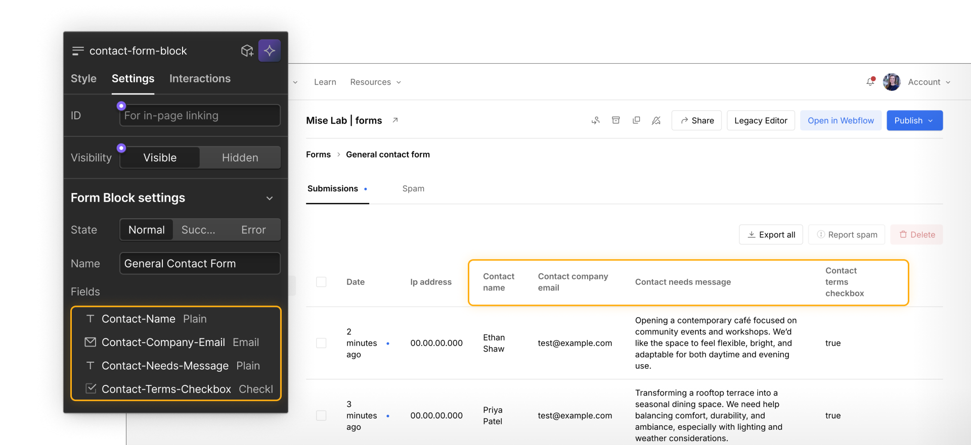 Webflow submission detail view, showing basic metadata and columns that match form field names.