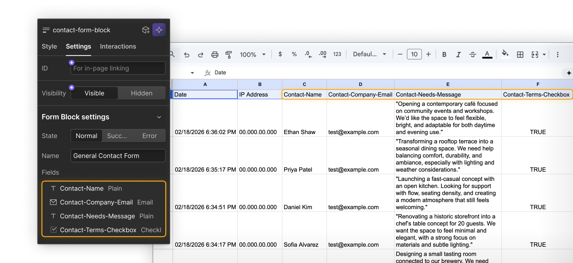 Exported CSV file opened in a spreadsheet tool showing basic metadata and columns that match form field names.
