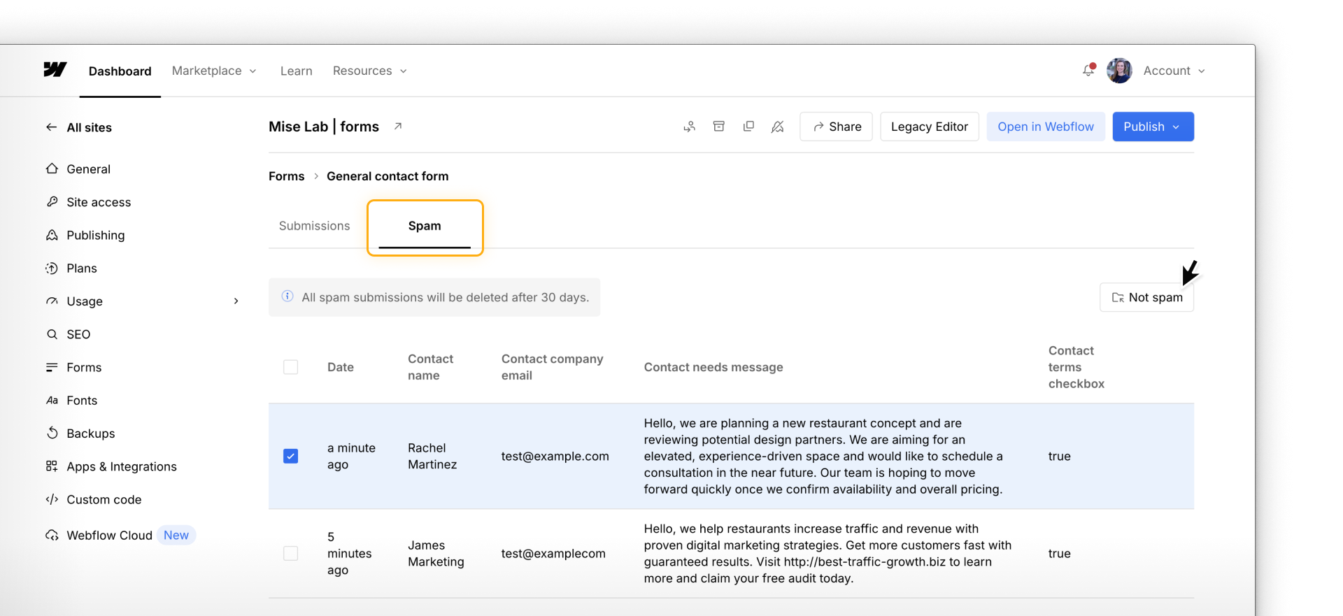 Webflow Site settings showing the Spam view for a form, with an option to move a submission back to the main list.