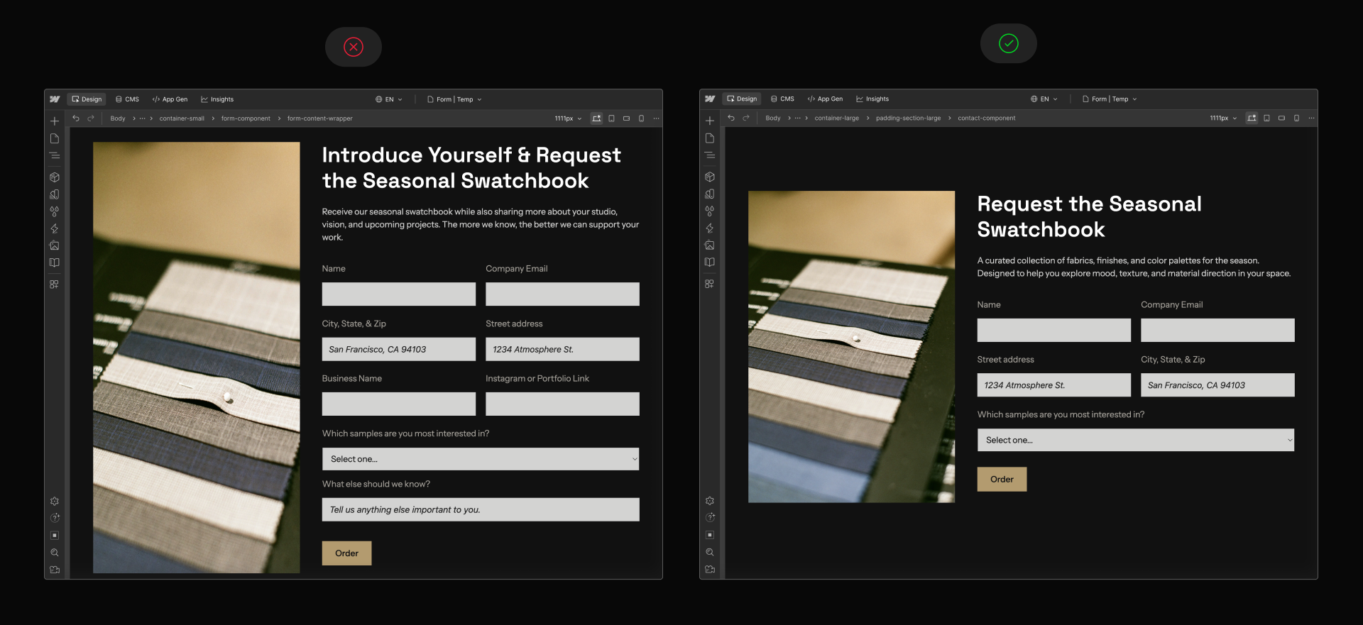 Webflow canvas showing two forms: one short, focused form with a clear headline and one longer form with many mixed-purpose fields.