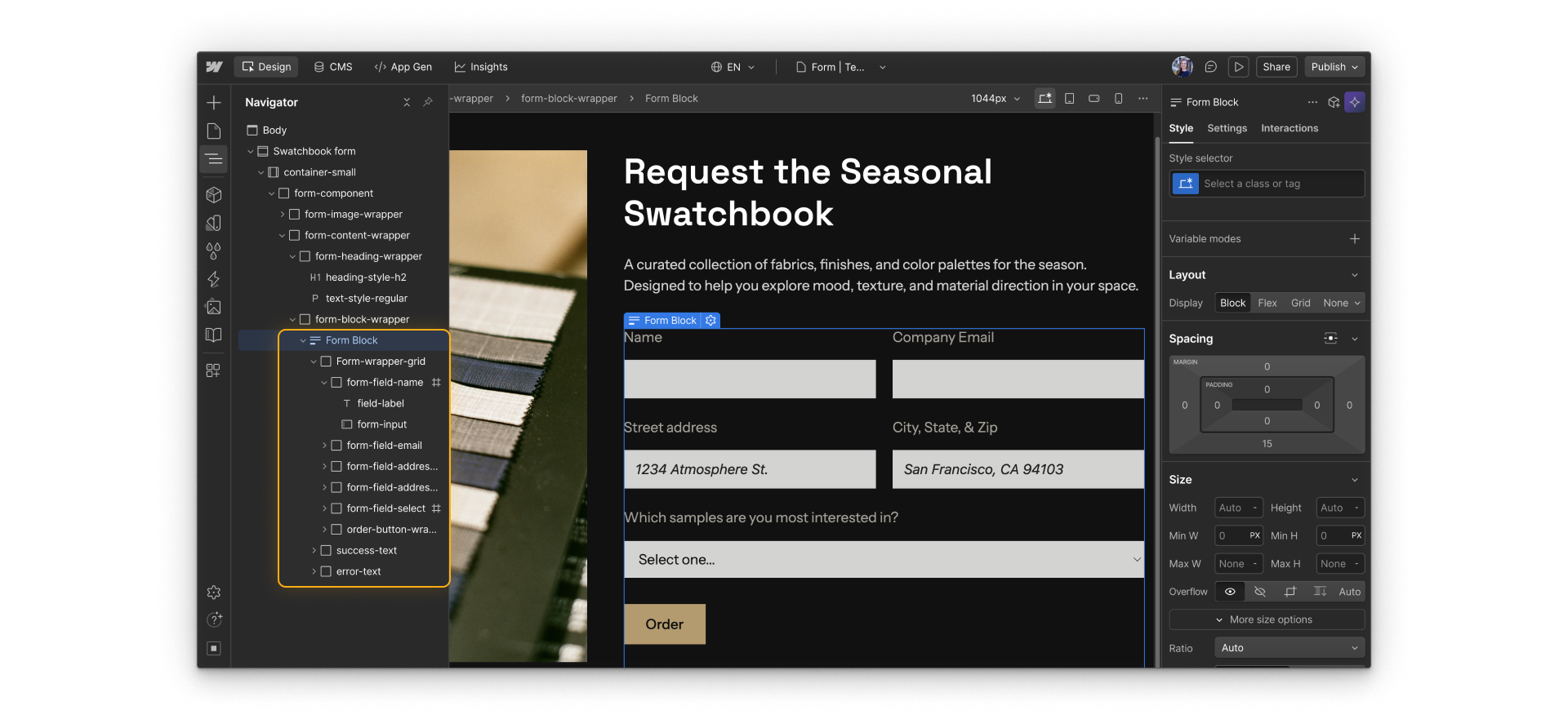 Webflow Navigator panel showing a well-organized Form block with clearly named elements and grouped fields.
