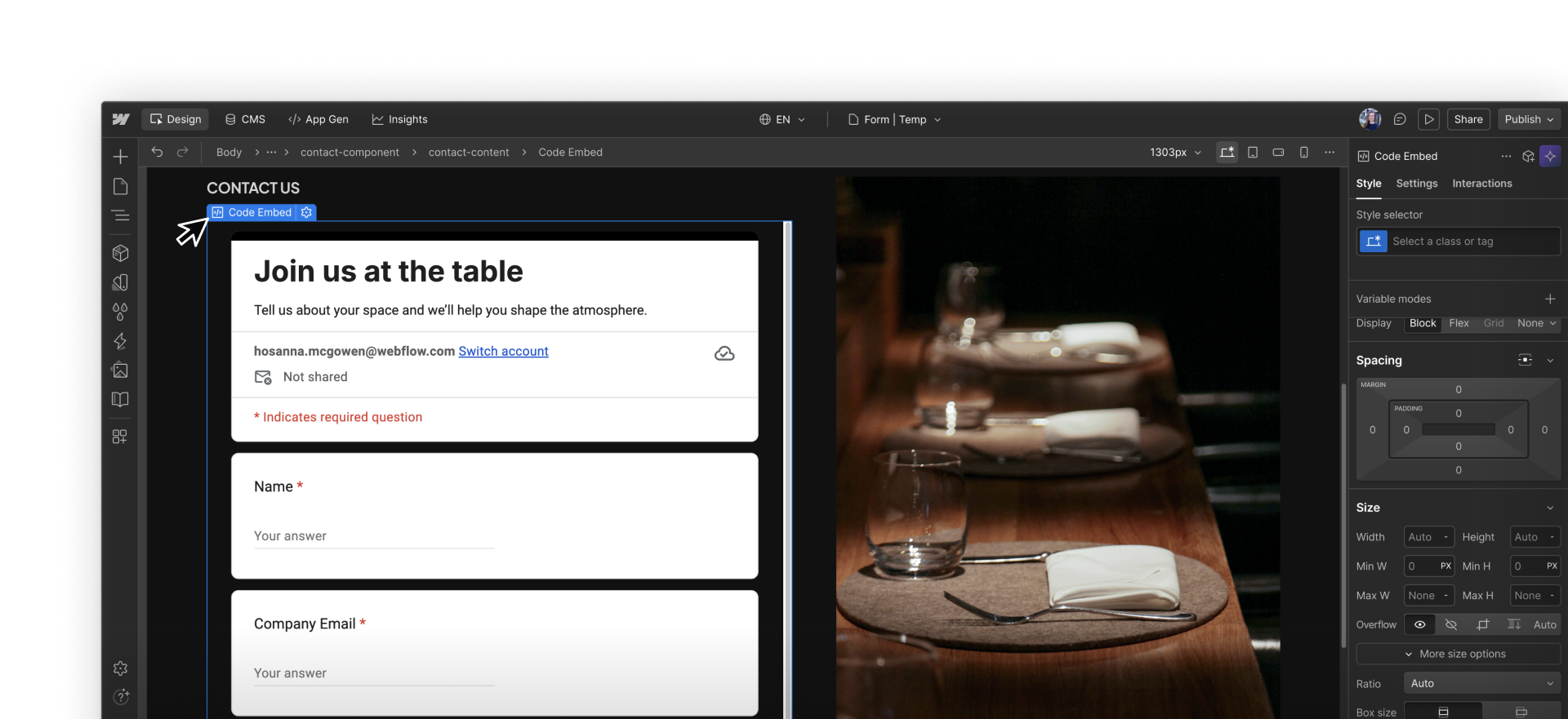 Webflow canvas showing a Code Embed element containing a Google Form embedded within a page layout.