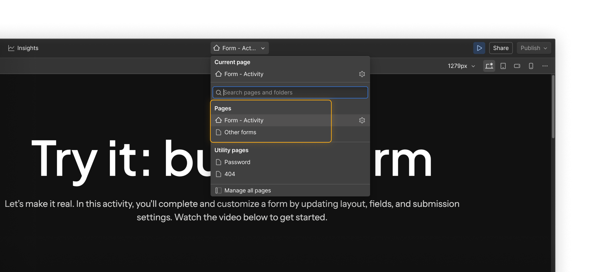 The sandbox site Pages dropdown, including a form activity page and “Other forms” page.
