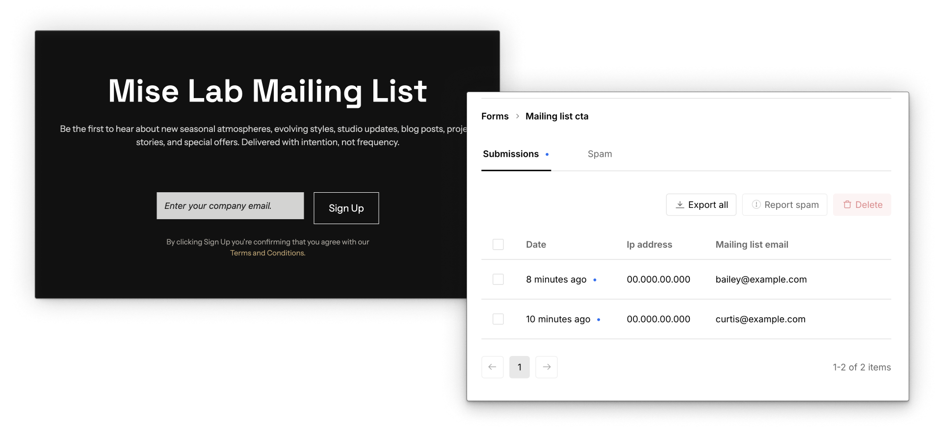 Webflow canvas showing a native form on a page, followed by the same form’s submissions visible in Site settings.