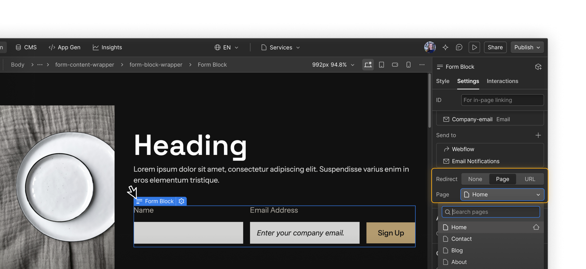 Three redirect options: None, Page, or URL shown in a form block's settings.