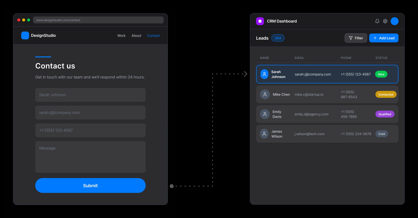 Webflow lead capture form sending submissions to a leads object in a CRM.