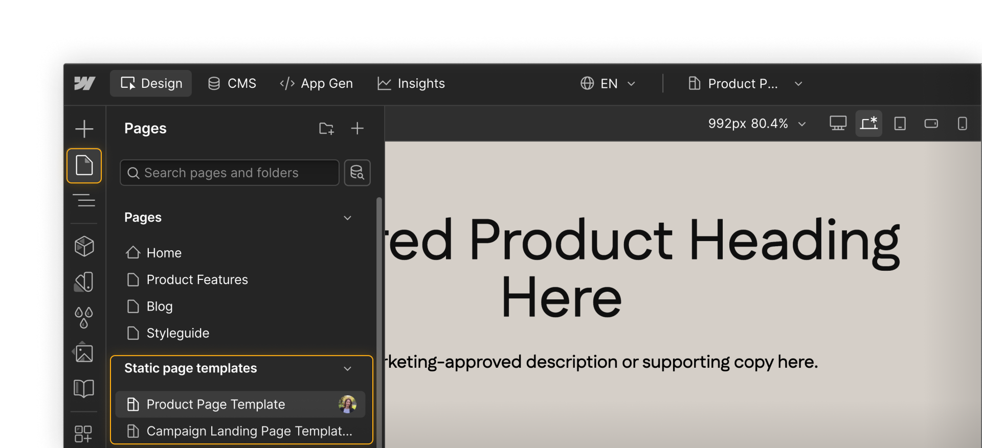 Webflow UI showing static page templates used to create consistent page layouts like product and landing pages.