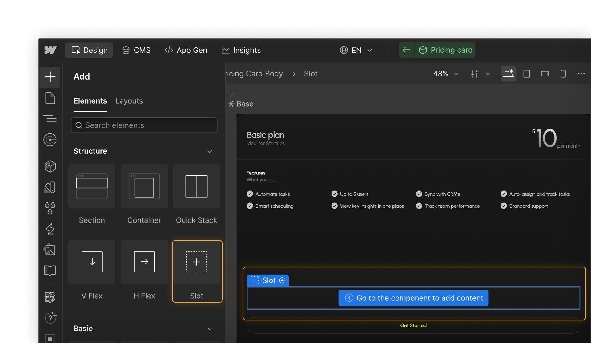 Webflow UI showing component slots used to insert and customize content within a reusable component.