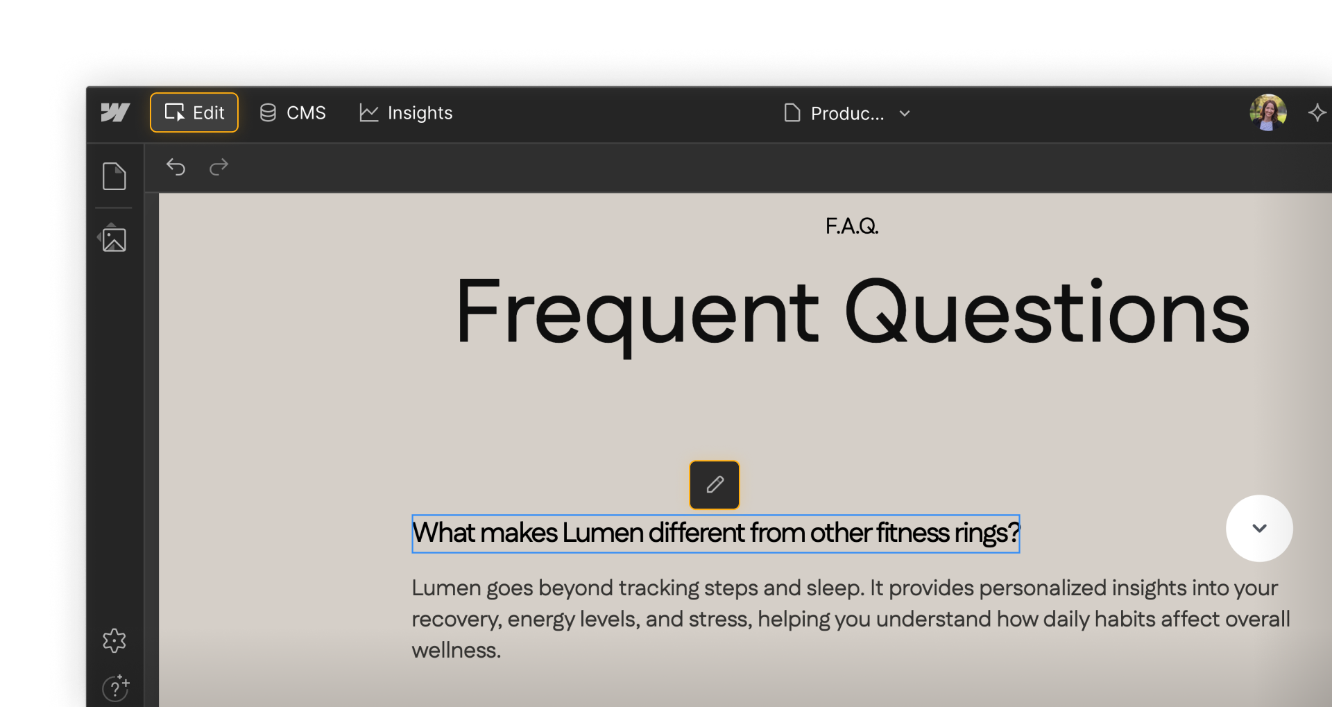 Webflow content editing experience showing inline editing of FAQ content directly on the page.