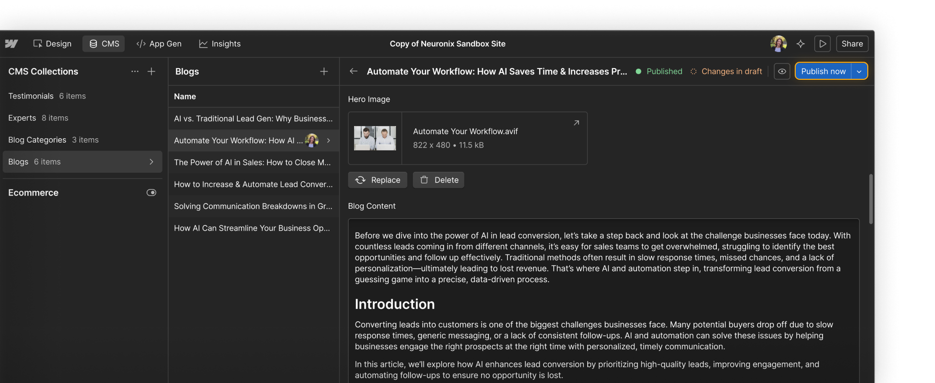 Webflow CMS showing a single blog post item ready to publish with content, image, and publish controls.