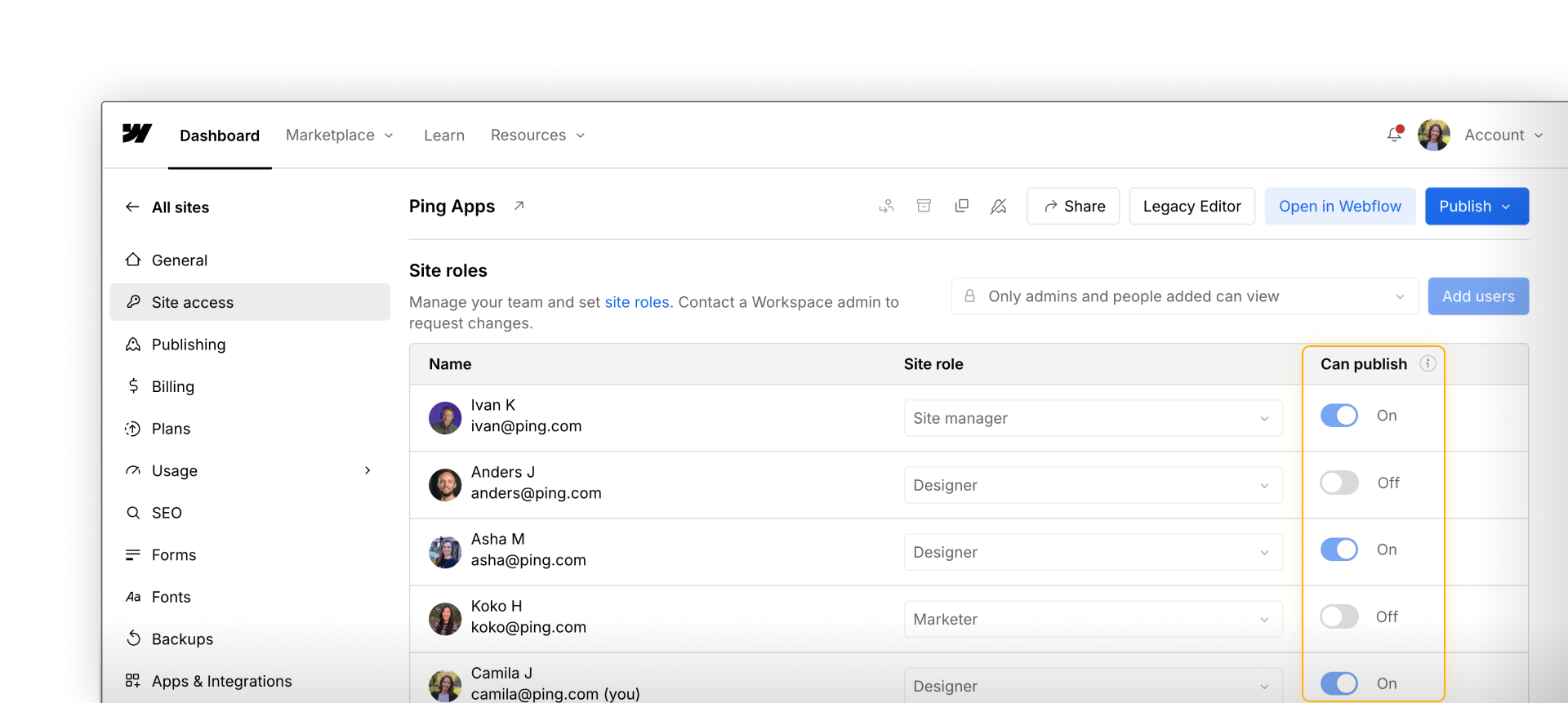 Webflow site roles settings showing publishing permissions toggle to control who can publish changes.