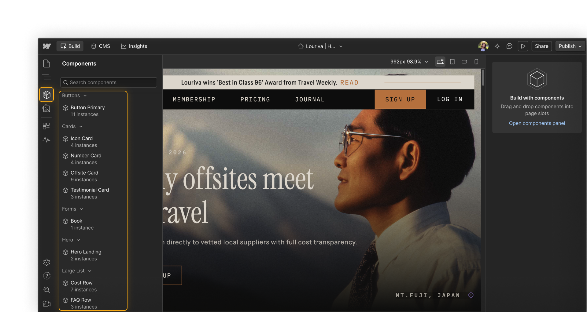 Webflow Components panel open in the Marketer view showing components organized into groups.