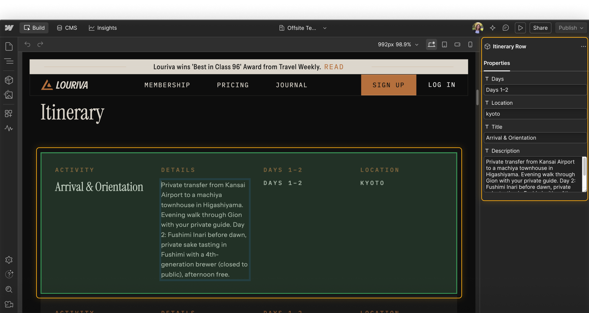 9:46 PMClaude responded: Webflow canvas in the Marketer view with an Itinerary Row component selected and its text properties being edited in the right panelWebflow canvas in the Marketer view with an Itinerary Row component selected and its text properties being edited in the right panel.