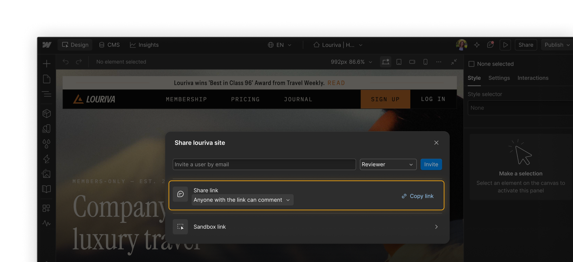 Claude responded: Webflow share dialog showing a share link set to "Anyone with the link can comment" with a Copy link optionWebflow share dialog showing a share link set to "Anyone with the link can comment" with a Copy link option.