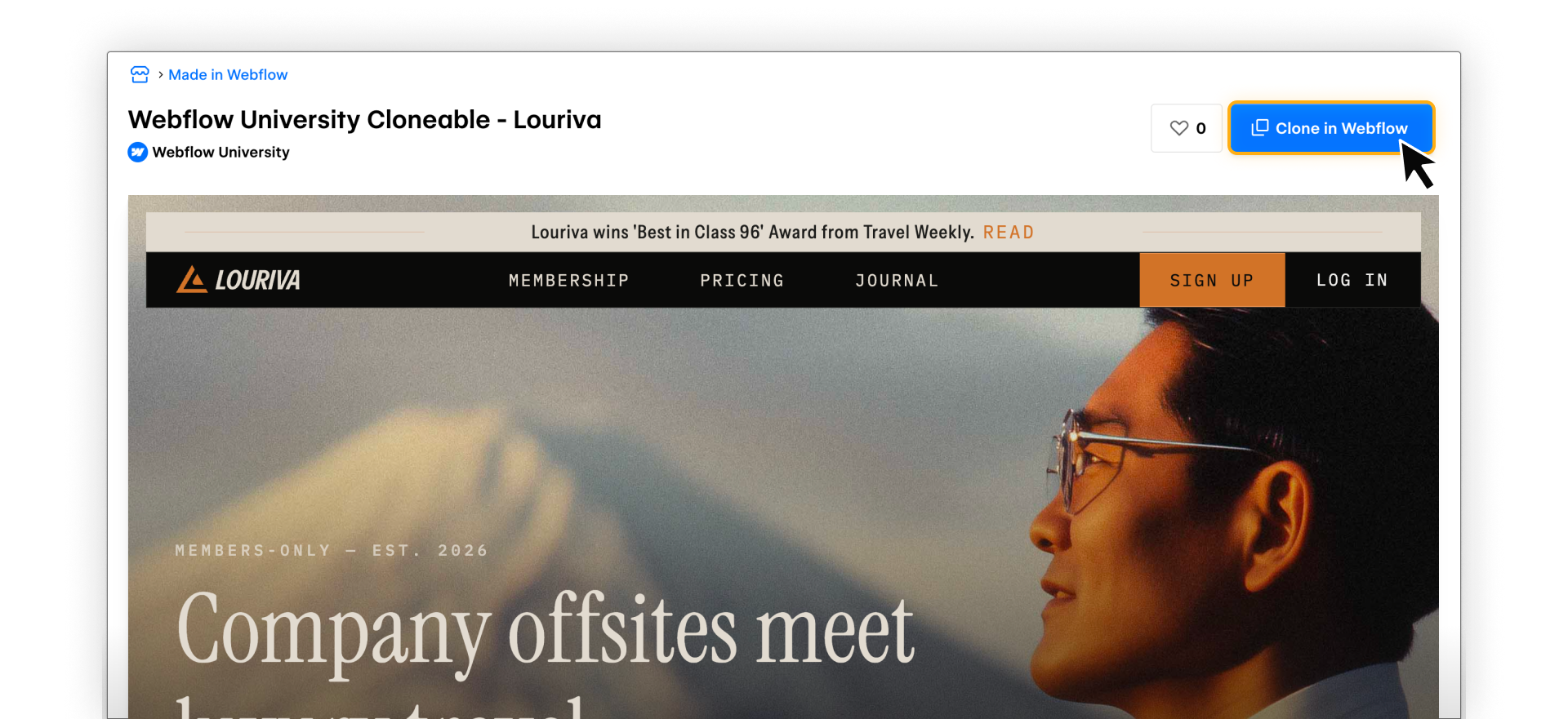 Webflow cloneable page with the ‘Clone in Webflow’ button highlighted to copy a project into your workspace.