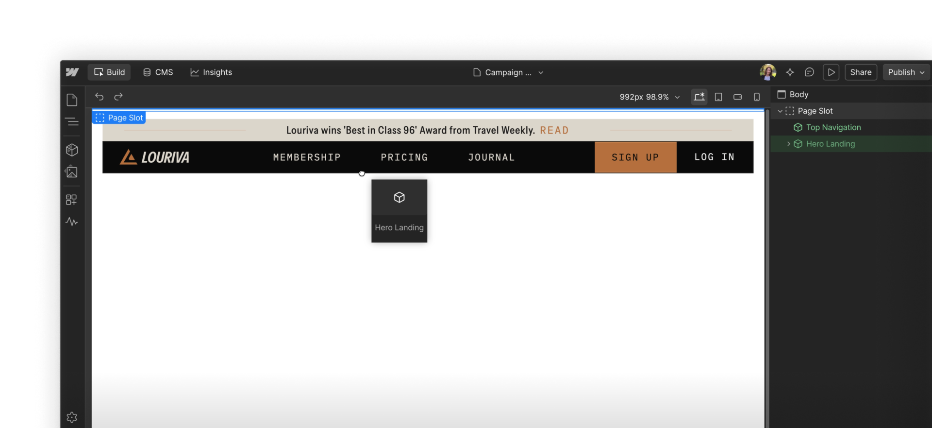 Webflow canvas showing a marketer building a page by adding reusable components to a page slot.