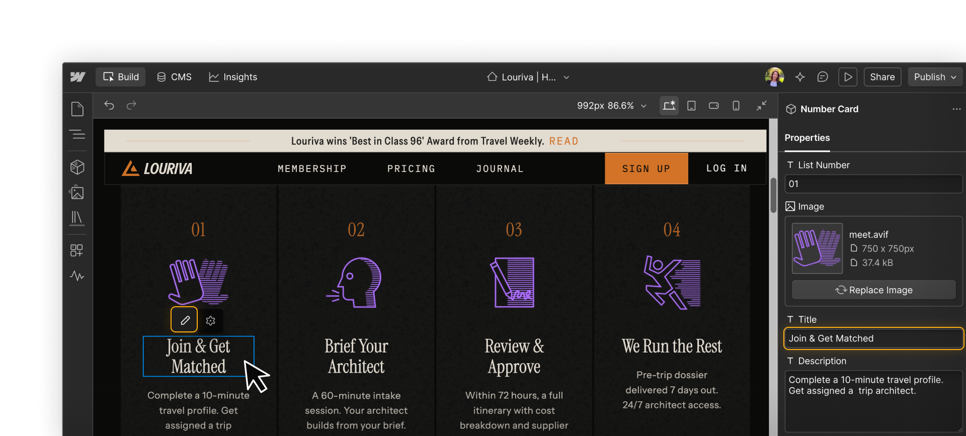 Webflow canvas showing a marketer editing a component on the page.