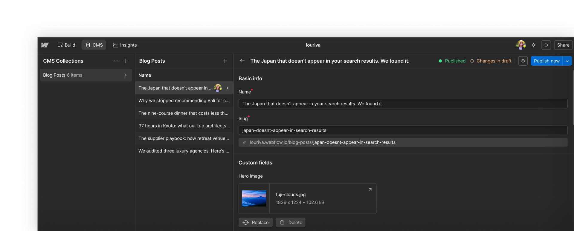 Webflow CMS panel showing a blog post item in a Blog Posts collection.